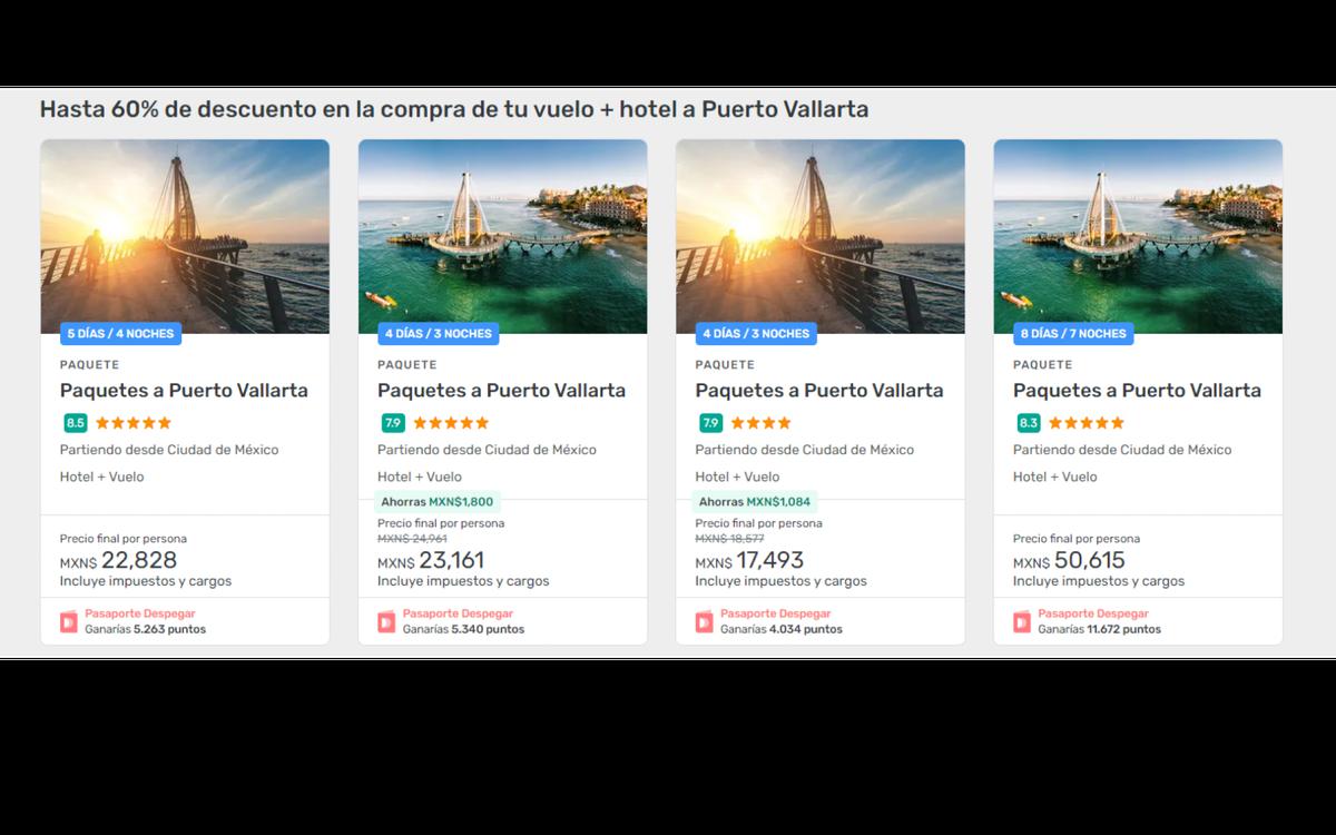 Agencia de viajes con descuentos para ir a Puerto Vallarta | En la página web de Despegar tiene varios paquetes en oferta. (Captura de pantalla)