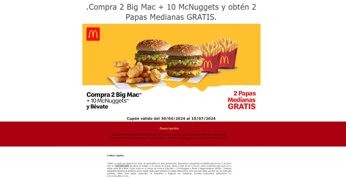 Promoción papas gratis de McDonald’s. | Ingresa al sitio web de McDonald’s y aprovecha la promoción de sus papas gratis. (McDonald’s)