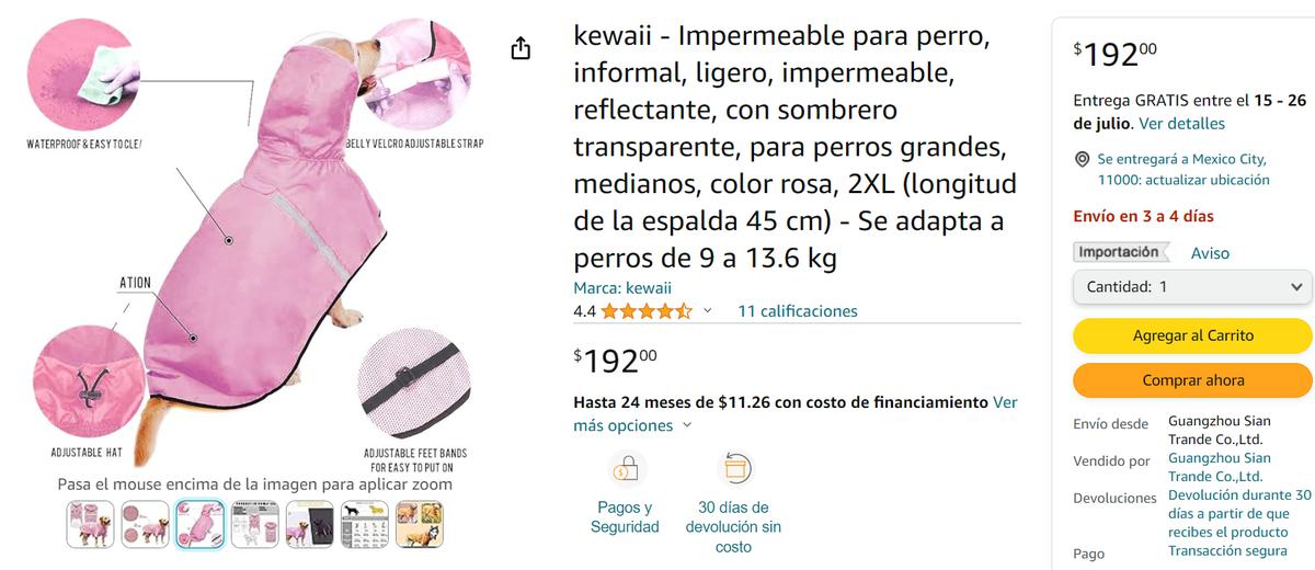 Impermeables de Amazon. | Chécate esta opción para evitar que se moje tu lomito. (Captura de pantalla).