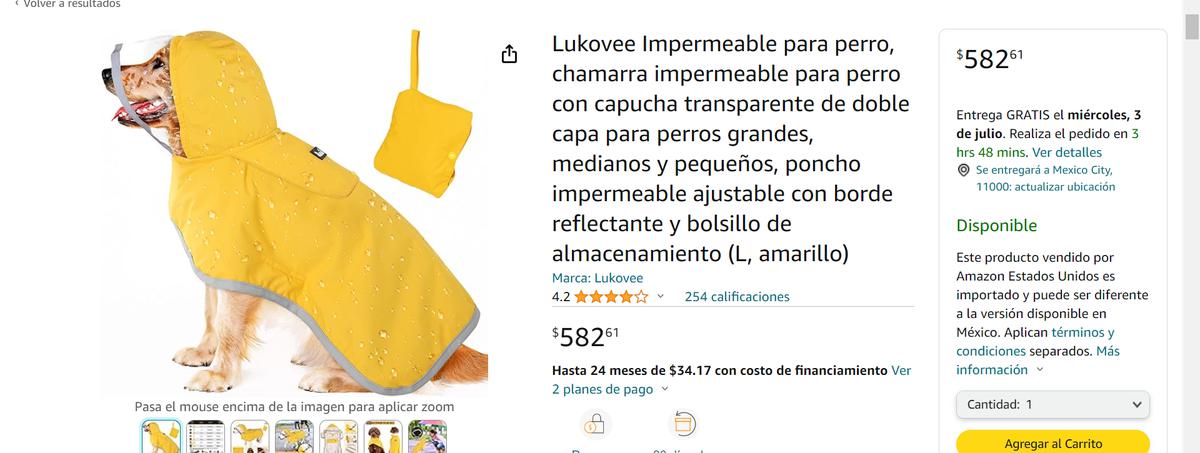 Impermeable Lukovee. | Este impermeable de mascotas es apto para cualquier tamaño ¡y es color amarillo! (Captura de pantalla).