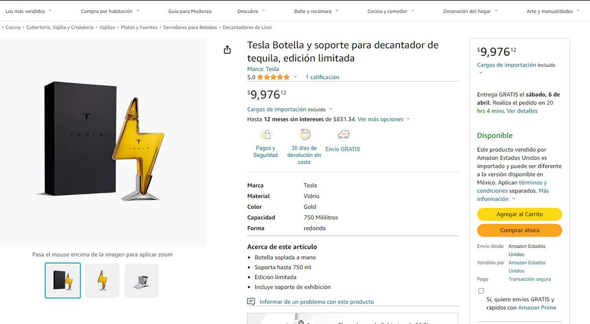 Tequila Elon Musk | El tequila de Elon Musk se vende por casi 10 mil pesos en Amazon. (Amazon)