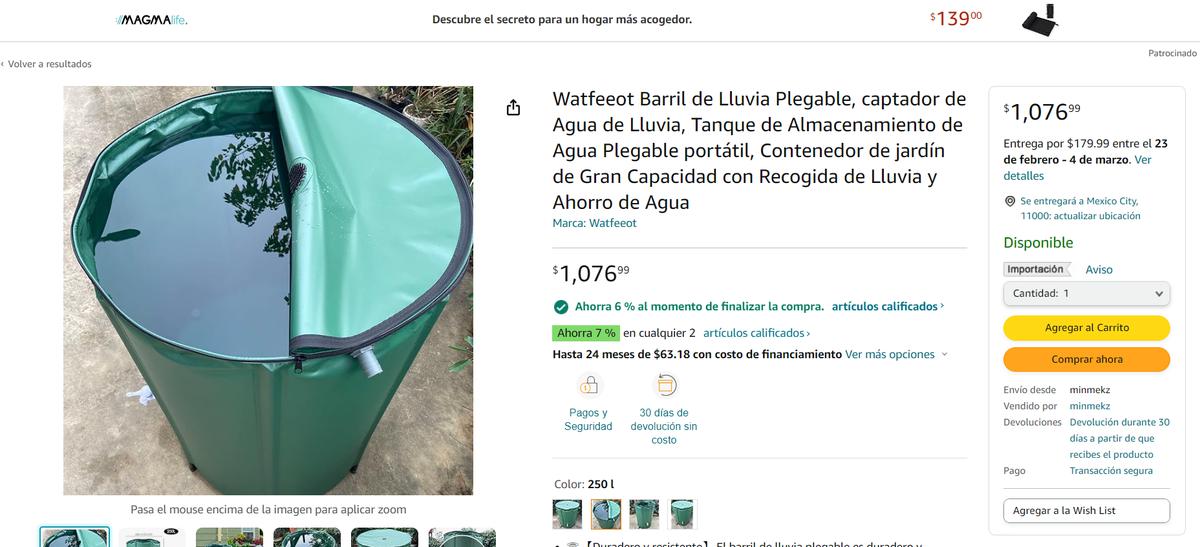 Watfeeot Barril de Lluvia Plegable. | Adquiere tu tinaco de agua de lluvia Watfeeot Barril de Lluvia Plegable. (Especial: Amazon)