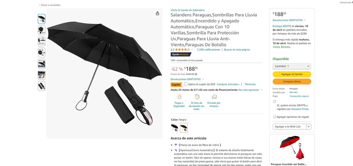 Paraguas automático | Con este paraguas automático solo presionarás un botón para que se abra. (Amazon)