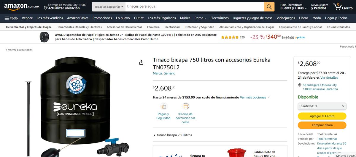 Tinaco Eureka. | Reserva más de 500 ml de agua con esta opción de tinaco. (Especial: Amazon).