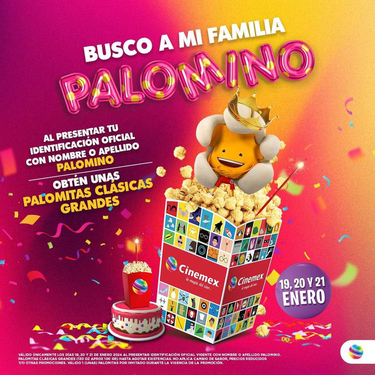 Palomitas. | Si te apellidas Palomino, tendrás palomitas gratis en Cinemex. (FB Cinemex)