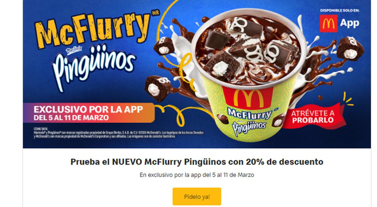 McDonal's helado | McDonald's tiene un descuento del 20% en su helado de Pingüinos Marinela. (Captura de pantalla)