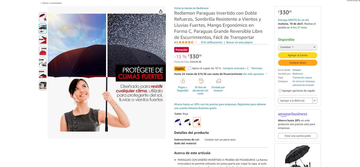 Paraguas invertido | Sorprende a tus amigos con este diseño único de paraguas. (Amazon)