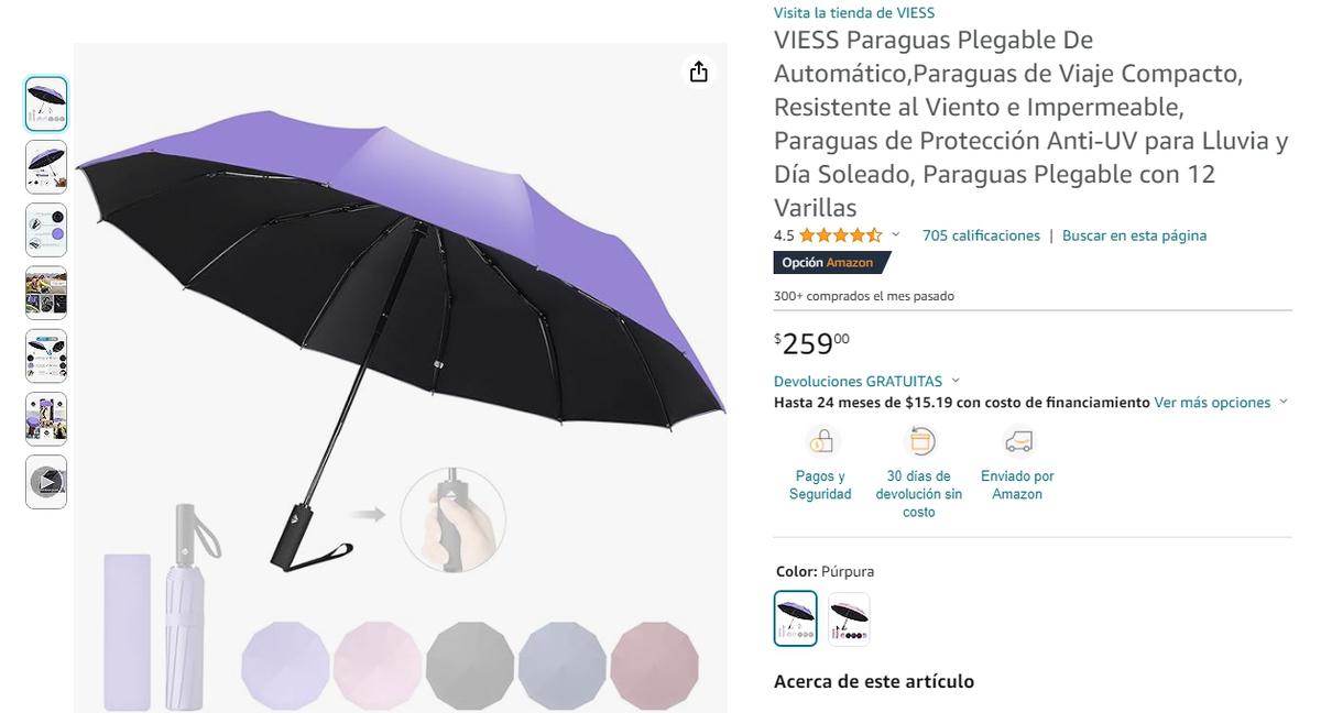 Paraguas VIESS. | Este paraguas tiene 4.1 estrellas (Amazon.com).