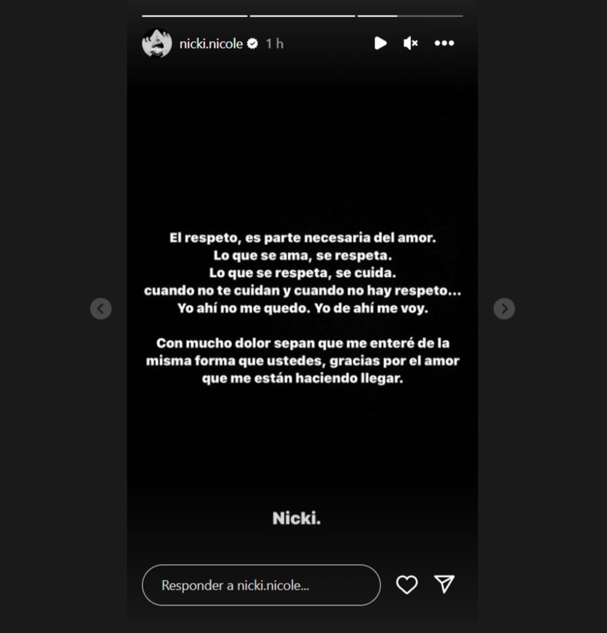 Historia de Instagram de Nicki Nicole. | Este es el comunicado que emitió Nicki Nicole en su cuenta de Instagram luego de la infidelidad de Peso Pluma. (Especial: @nicki.nicole).