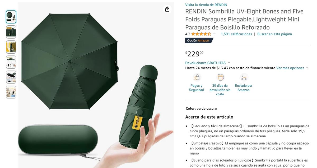 Sombrilla RENDIN. | Este es uno de los paraguas mejor valorados con 4.5 estrellas. (Amazon).