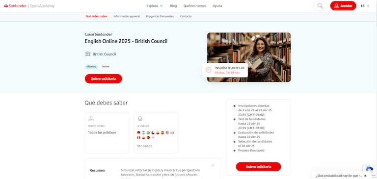 Una captura de pantalla del sitio web de Santander.