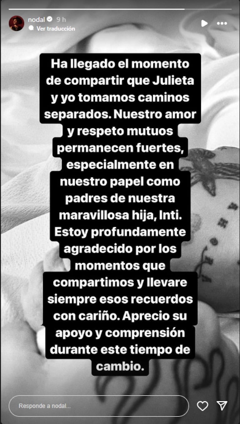 Un texto donde Nodal confirma la ruptura de con Cazzu