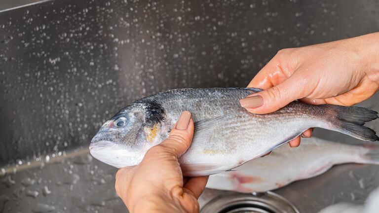 Una persona lavando un pescado.