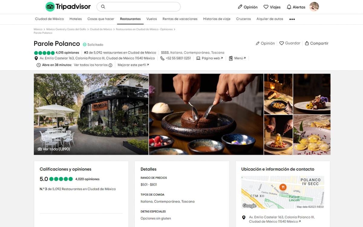 El restaurante Parole Polanco cuenta con excelentes opiniones | En la página de TripAdvisor podemos ver como Parole Polanco se posiciona como uno de los mejores restaurantes de la CDMX. (Captura de pantalla)